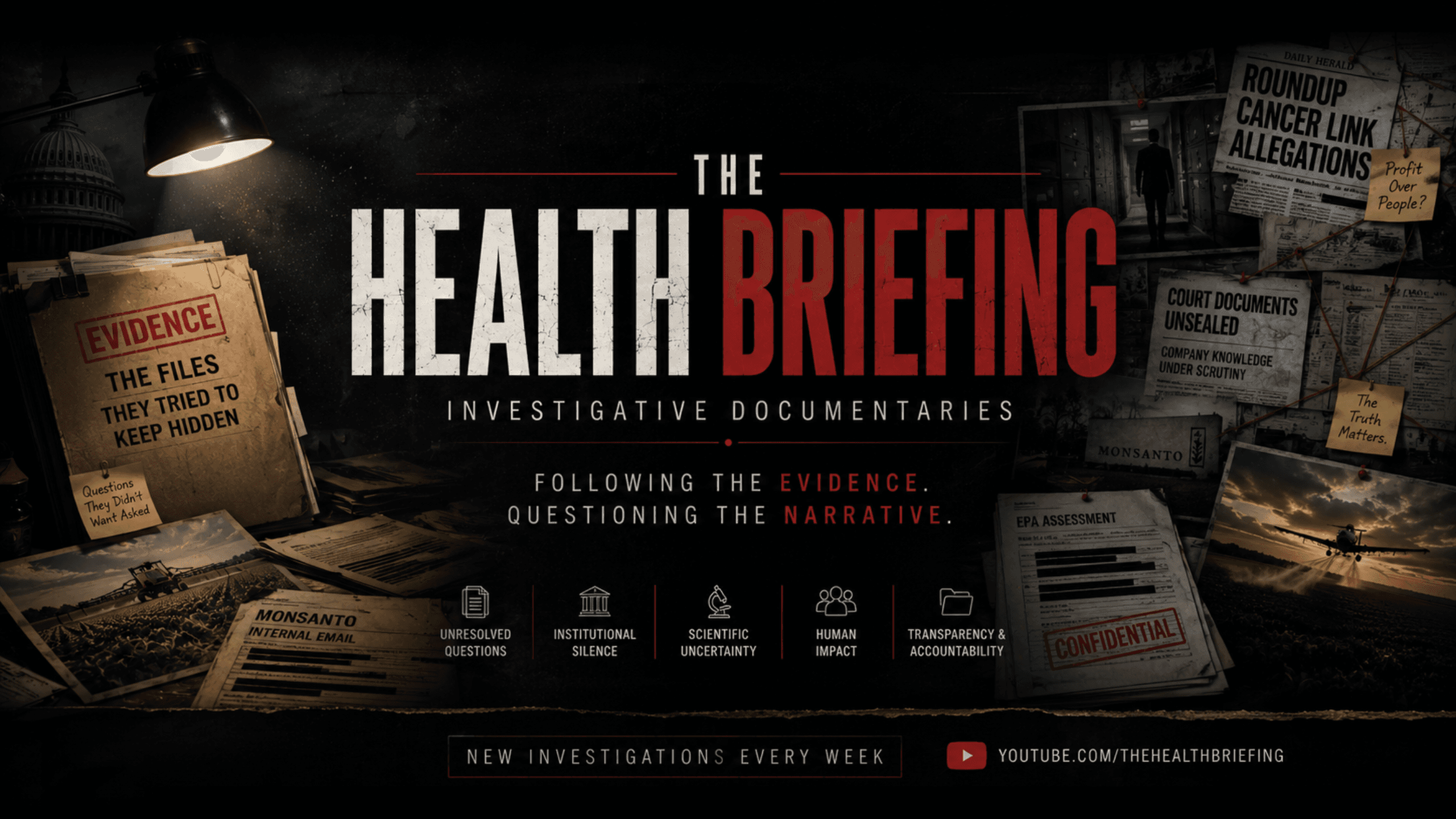 The Health Briefing — an investigative evidence board of documents, court records, and case files